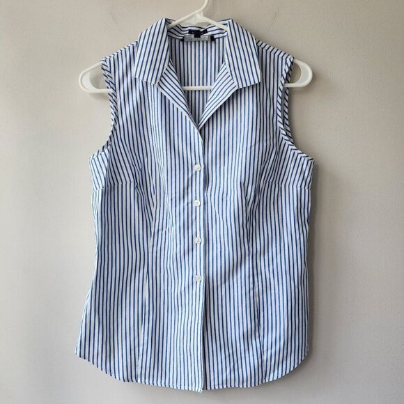 Women's Sleeveless Button Down Shirt | Cotton Collar Stripes | Jones New York S - Picture 1 of 7